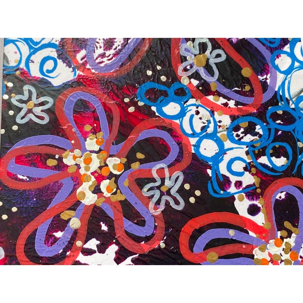 Flowers Bubbles Original Art Handmade Acrylic Oil Marker Artwork 8x10in Matted